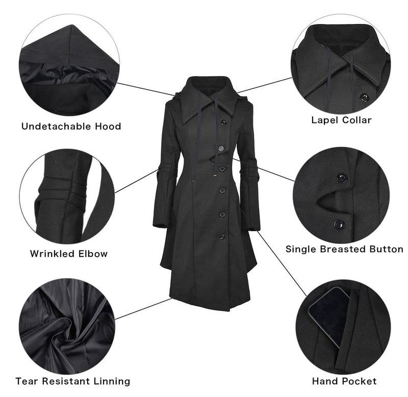 QZUnique Long Trench Pea Coat for Women - Wool Winter Trench Coat Goth Lapel Peacoat Outwear Thick Hood Pea Jacket Trenchcoat - Image 2